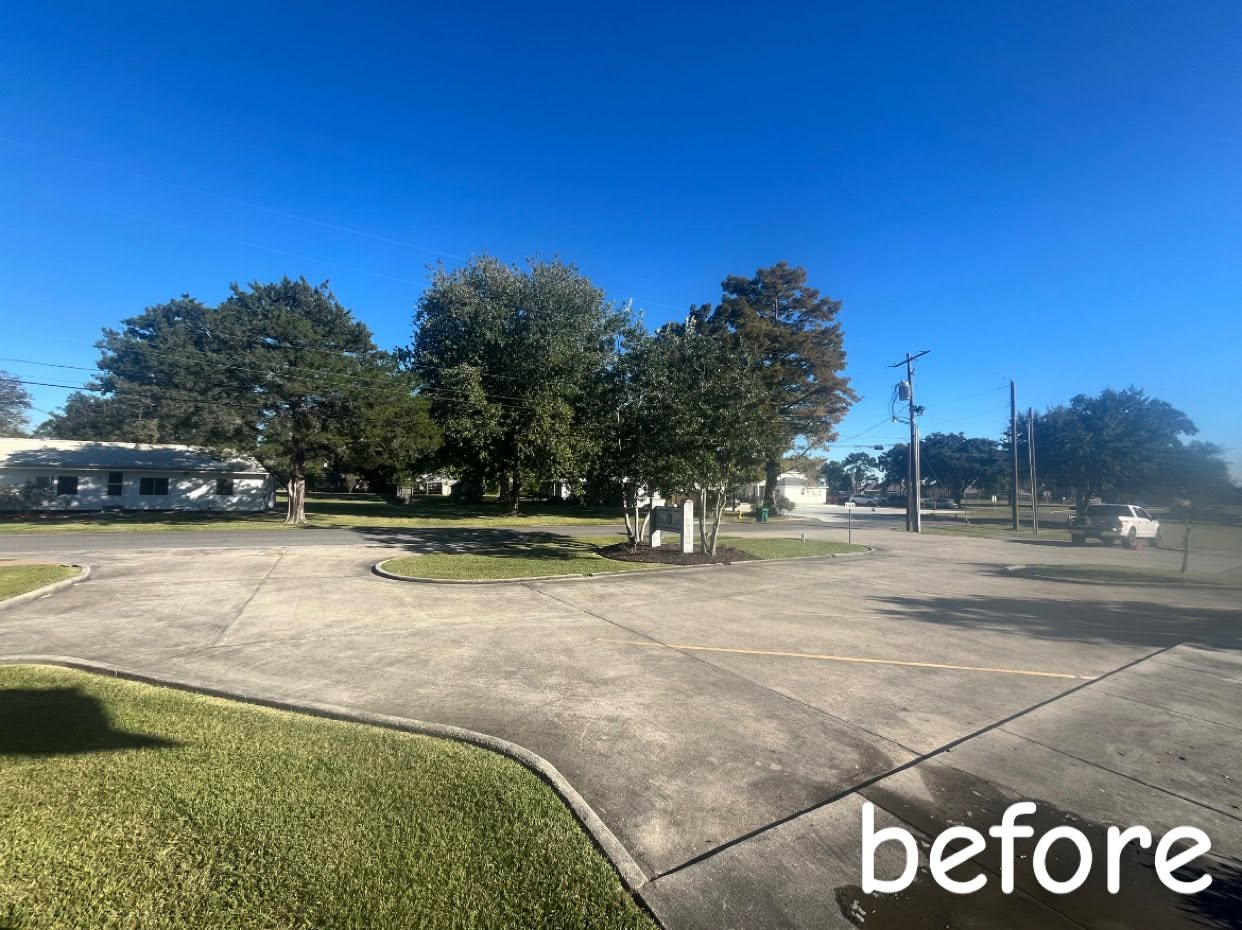 Commercial concrete walkway in Lafayette stained black with years of dirt, oil and mildew buildup. Commercial concrete walkway in Lafayette stained black with years of dirt, oil and mildew buildup.
